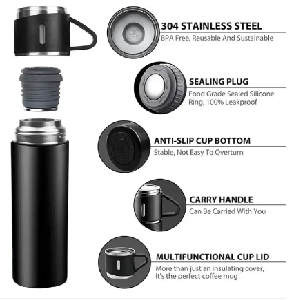 Premium Stainless Steel Vacuum Thermos Flask: Enhanced with Silicone Handle and Insulated Lid Ensemble